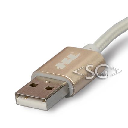 Шнур 2.0 USB A MALE- micro USB 5P+Apple Lightning(iPhone/iPad/iPod)1,5мOD:3.8мм 1,5-2,4A ткань/серый